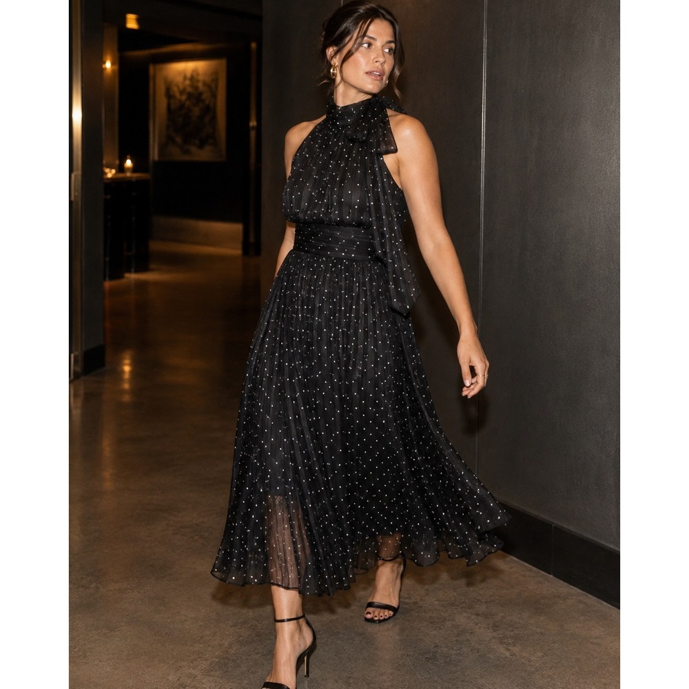 Sachin & Babi x Anthropologie Polka Dot Halter Bow Midi Dress Black 14